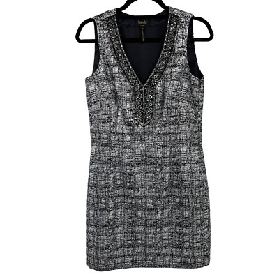 Laundry by Shelli Segal Silver Black Embellished V Neck Dress 6 