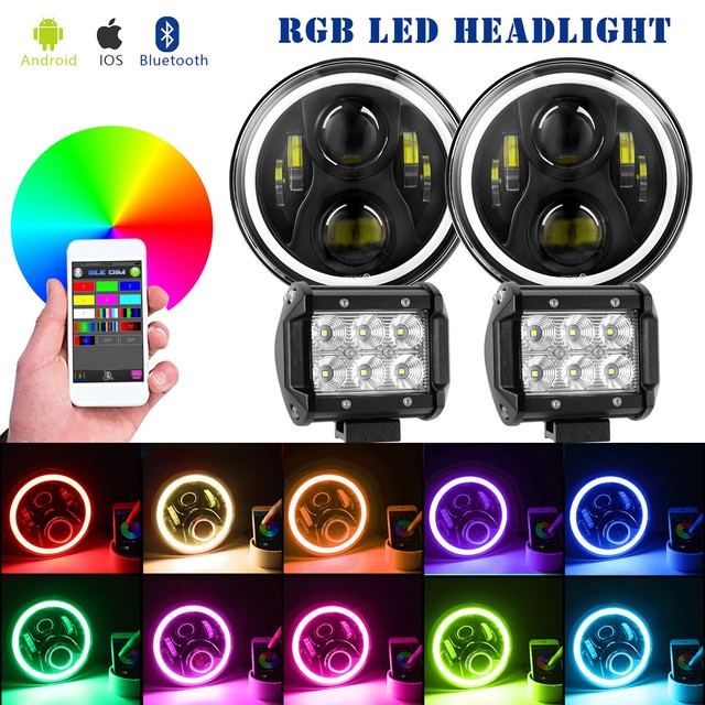 7inch LED Headlight RGB Bluetooth Halo for Jeep Wrangler ...