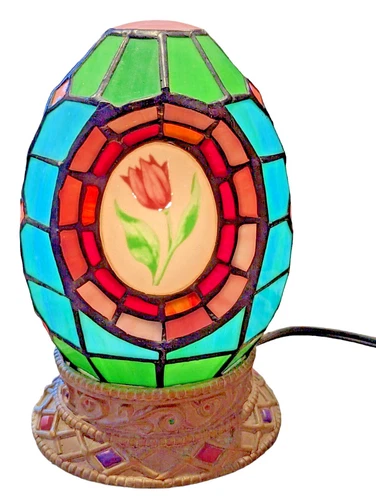 Vintage Cheyenne Tiffany Style Stained Leaded Glass Tulip Table Lamp 8"  Works