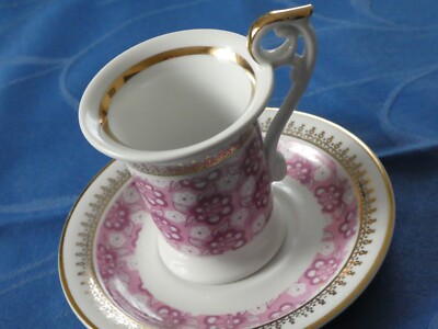 Mocca-Tasse Porzellan roséfarbenes Muster mit Goldrand SEP  W 8  Made GDR, alt