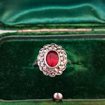 Art Deco Red Paste And Marcasite Ring Silver And 9ct Gold UK - Main Image