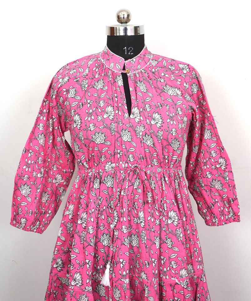 Indian Cotton Midi Dress Hand Block Print Dress for Women Summer Floral