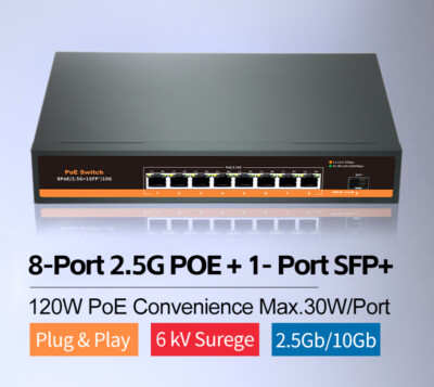 9-Port Multi-Gigabit Switch with 8-PoE 2.5Gb Ethernet and 1-SFP+ 10Gb Uplink New