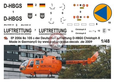 Peddinghaus 1/48 Bo 105CBS-5 Helicopter Markings D-HBGS DRF BMI Christoph 8 2006