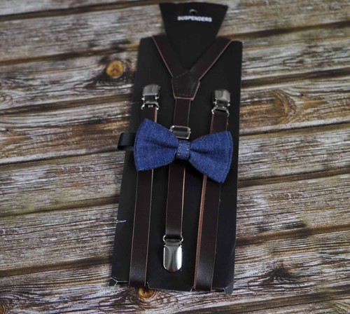 Boy Baby Kids Navy Blue Denim Bow Tie + Brown Leather Adjustable Suspenders Set - Picture 3 of 11