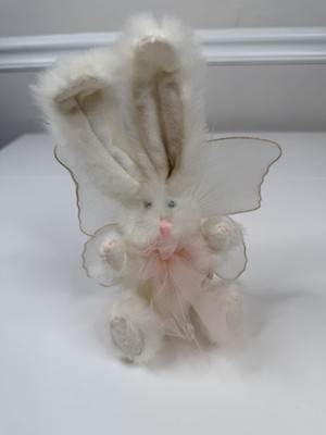 Vintage Plush fuzzy white Bunny rabbit angel wings Easter small toy gift idea