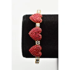Vintage Heart Bangle Cuff Bracelet Rhinestone Crystal Red Gold Shiny 1990s Bin7