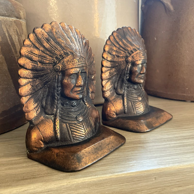 Antique Cast Iron Native American Indian Chief Head Bookends Pair Copper Finish