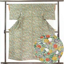Recycled Silk Komon Kimono Green Floral Awase Women's S