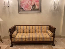 Early 20th Century French hand-carved Mahogany Damask Griffin Dragon Settee