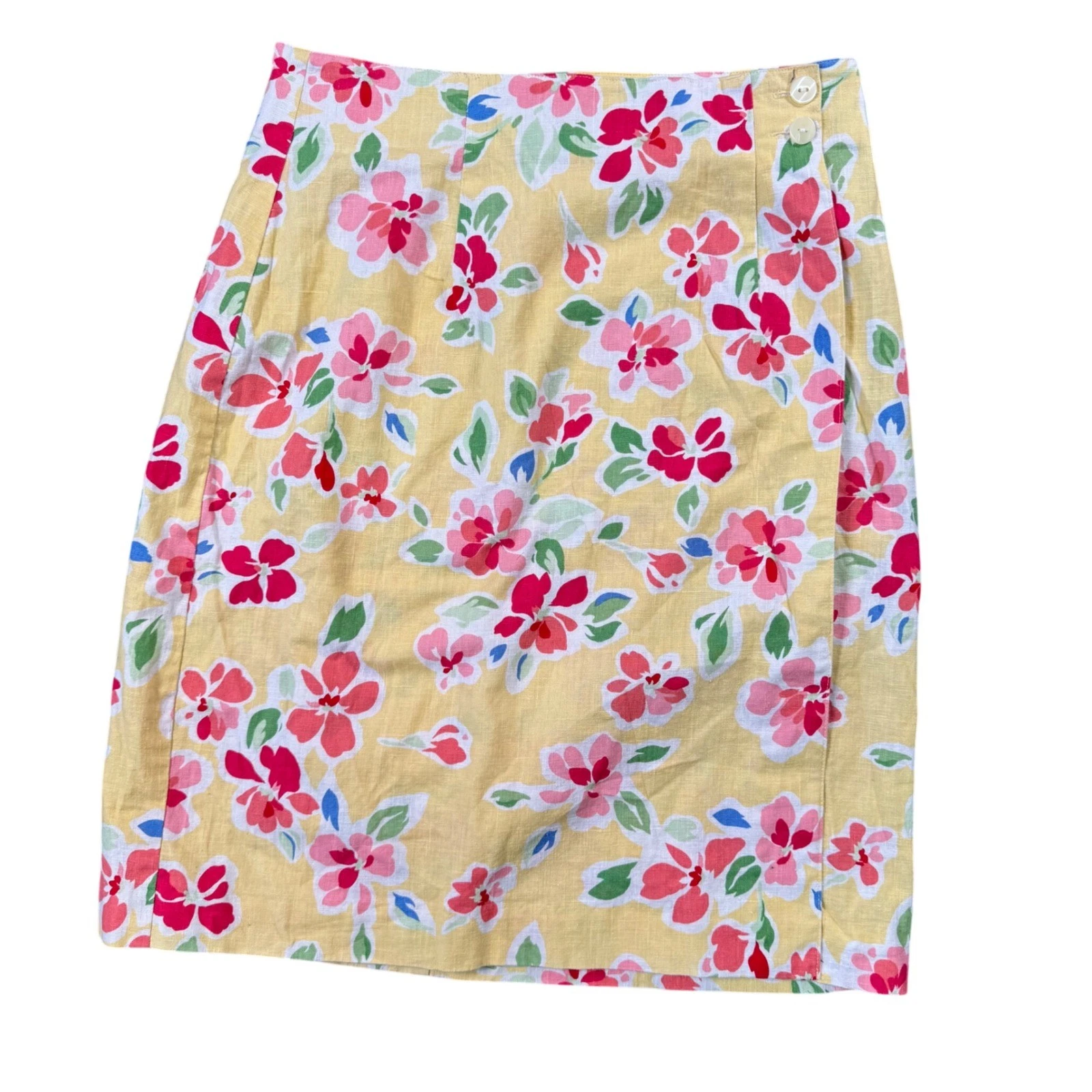 Talbots Womens Yellow Floral Linen Blend Faux Wrap Pencil Skirt Size 10