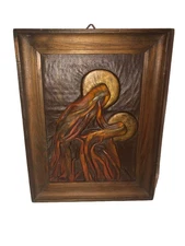 Vintage Draped Leather Mother Mary And Jesus Picture Hanging Wall Art RARE Nice