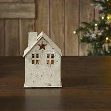 Tealight Holder Metal Village House D Antique Cream 6.75x4.75x4.5 VHC Brands