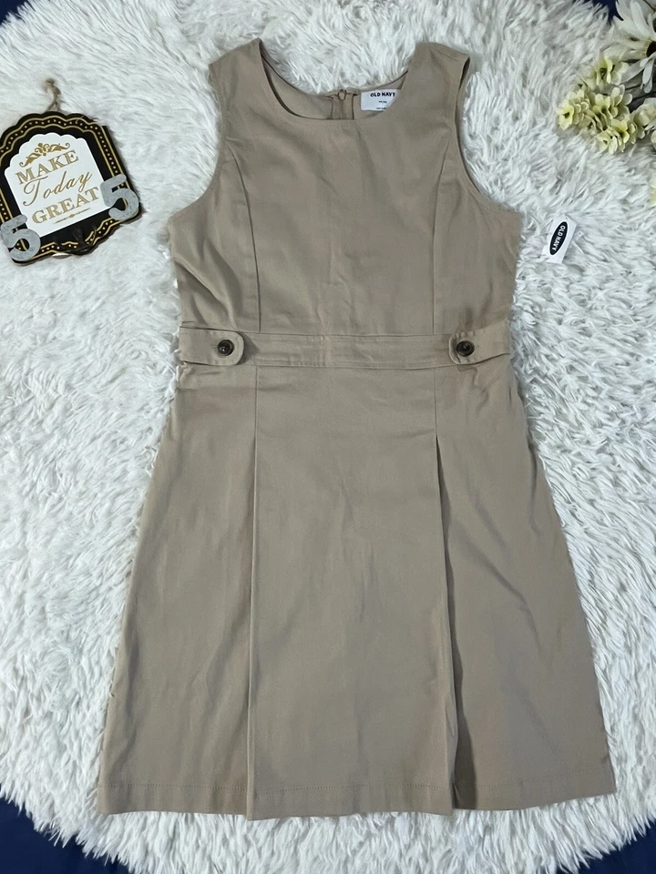 Antiguo Vestido Jersey Azul Marino Uniforme Tostado Caqui Sin Mangas Niñas Talla XXL 16 Foto 2 de 4