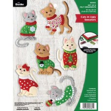 Bucilla Felt Ornaments Applique Kit Set Of 6 Cats In Ugly Sweaters 89381E