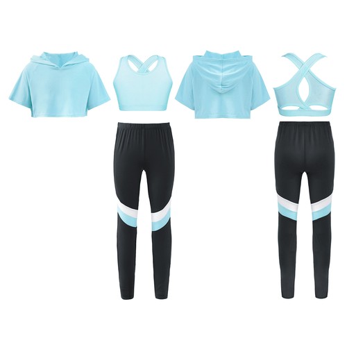 Kids Girls Pants Tumbling Hooded Crop Top 3 Pieces Vest Set Tracksuit Stage - Picture 25 of 45
