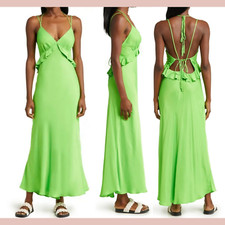 NEW Farm Rio [ XS ] V neck Open Back Ruffle Midi Dress Lime Green #U1205