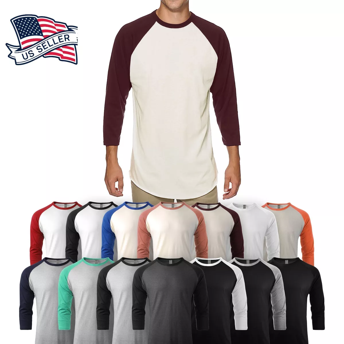 Mens Baseball RAGLAN T Shirts 3/4 Sleeve Tee Plain Team Sport Jersey Solid  Casua