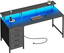 55 Inch Computer Desk with Power Outlets and LED Lights, Gaming Desk with 4 Draw
