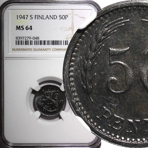 FINLAND Iron 1947 S 50 Penniä NGC MS64 TOP GRADED BY NGC KM# 26b (048)
