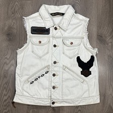 Harley Davidson Womens White Denim Vest Size XS Embroidered Patches Studs Y2K