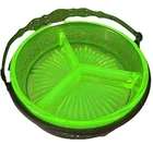 Yellow Vaseline Uranium Depression Glass Divided Relish Tray Metal Holder GLOWS!