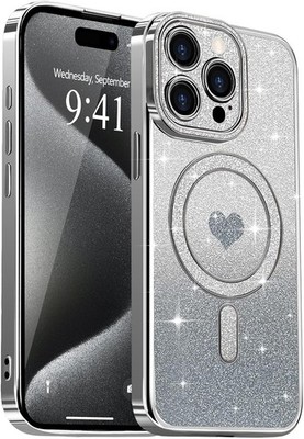 Magnetic for iPhone 15 Pro Max Case Glitter, Cute Love Heart Plating Luxury Spar