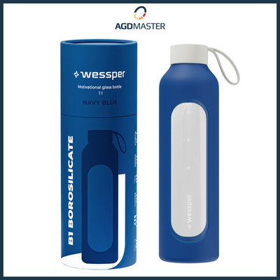 Trinkflasche 1L Glas Wessper B1 BOROSILICATE Dunkelblau mit Silikonetui BPA-frei