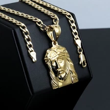 Jesus Pendant 14k Gold Plated Brass 5mm 20" Cuban Link Necklace Choker Chain F1