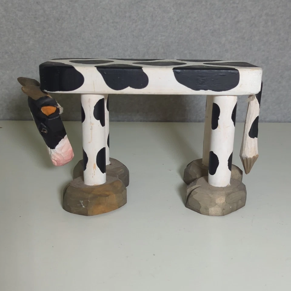 Banco de banquinho arte popular vaca pintado à mão pequeno suporte para plantas 12"x7"x4" arte feita à mão - Imagem 4 de 4