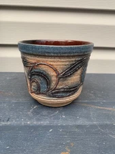 West Germany Pottery flower pot peacock feather blue tan brown