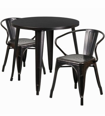 30 Round Black Antique Gold Metal Indoor-Outdoor Restaurant Table Set w/2 Chair