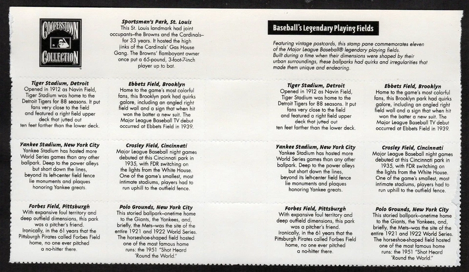 3510 Legendary Baseball Playing Fields-vertical gutter block 12-MNH-Free ship - Image 2 of 2