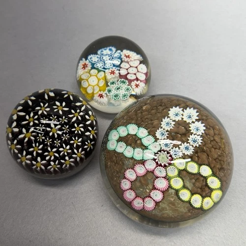 Lot Of 3 Vtg Glass Paperweights w Millefiori Canes - One 4” Label Italian Murano