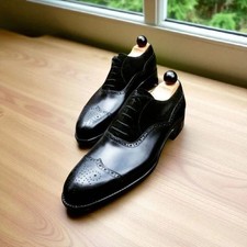 Men's Handmade Black Leather Shoes Cap Toe Lace Up Oxford Brogue Formal Shoes