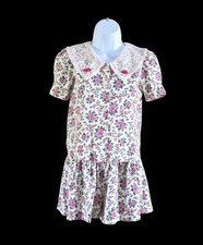 VTG Girls 2pc Dress Floral Romantic Lace Collar Cottagecore Deco Style Sz M 8/10