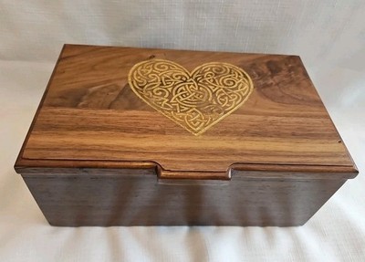 Artisan Made Celtic Heart Walnut Wood Hinged Jewelry Box 10x4.5x6'' 