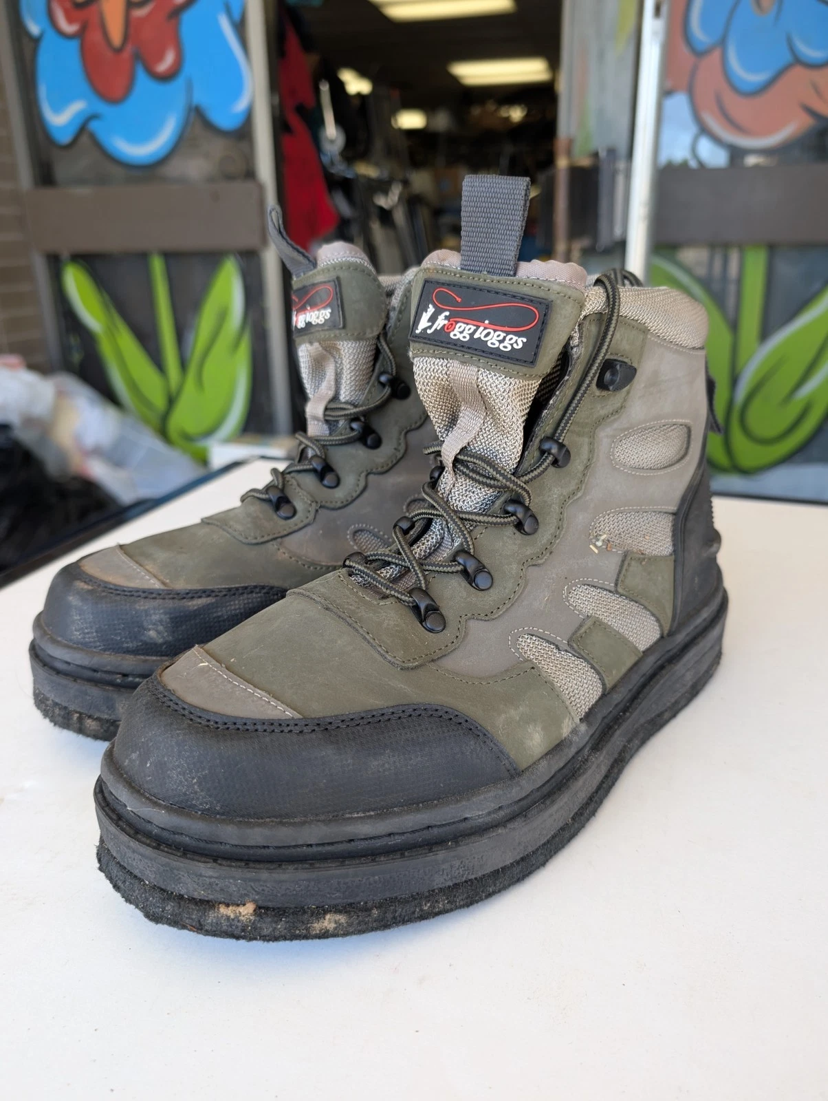 Frogg Toggs Gray Green Silver Felt Sole Fishing Wading Boots 10 No Spikes
