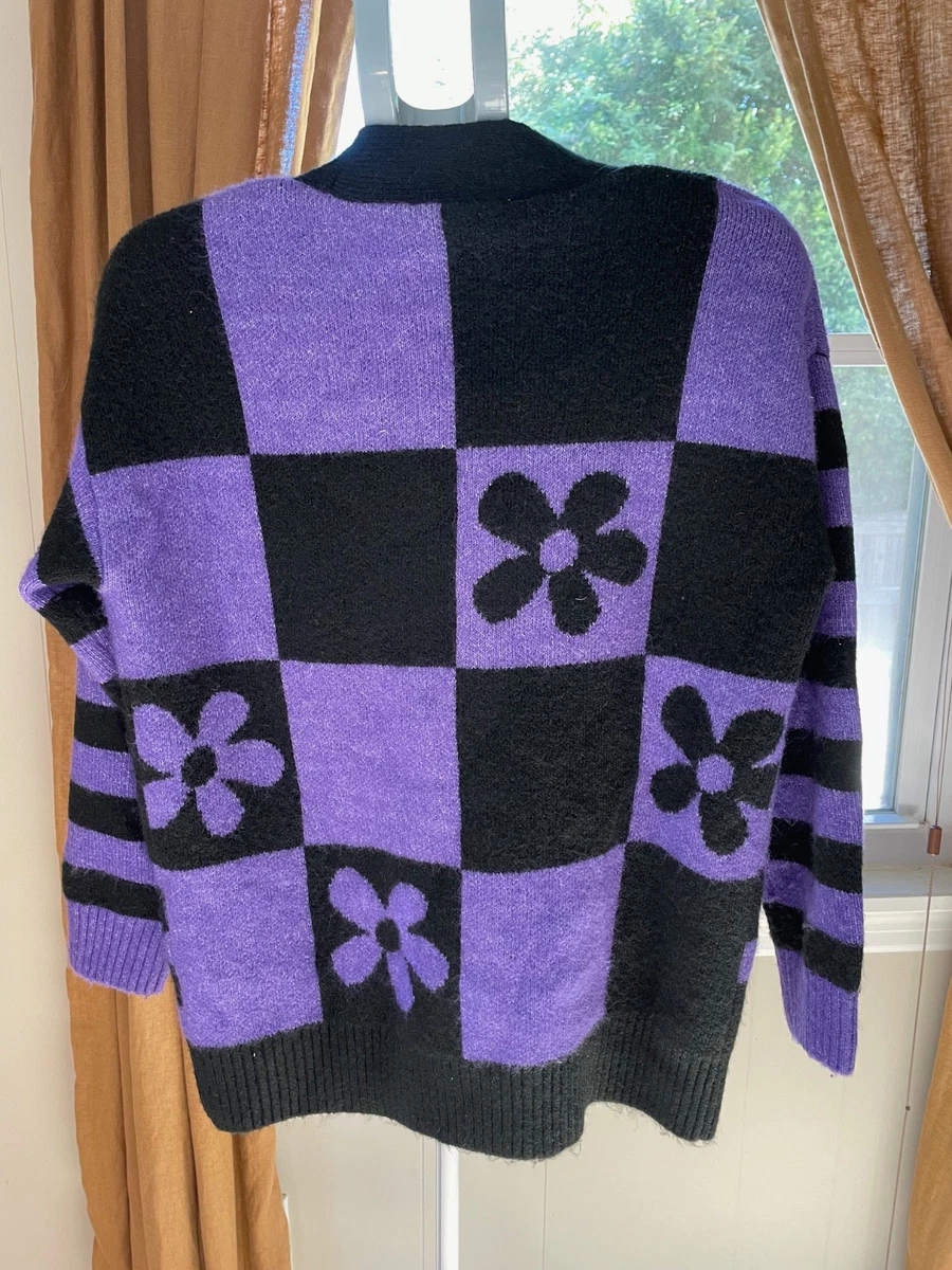 Zara Womens Cardigan S Oversized Purple Black Checkered Floral Knit Sweater