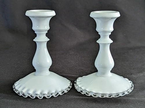Vintage Fenton White Milk Glass Silver Crest Candlesticks Set of 2