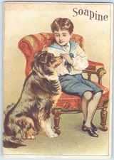 Victorian Trade Card SOAPINE BOY IN SAILOR SUIT SITTING W/ LARGE DOG 