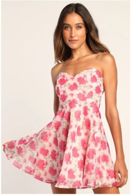 Lulus Attract Admiration Pink Floral Print Strapless A-Line Mini Dress NEW  Sz L | eBay