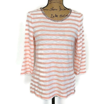 Chicos Womens sz 1 US 8 Top Pink Striped Beaded Neckline 3/4 Sleeve Tie Back