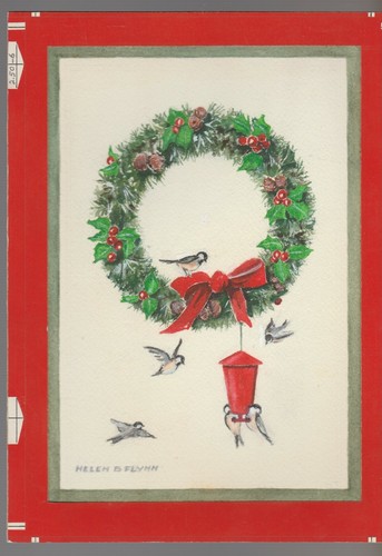 MERRY CHRISTMAS Wreath W Birds Bird Feeder 7x9 5 Greeting Card Art 