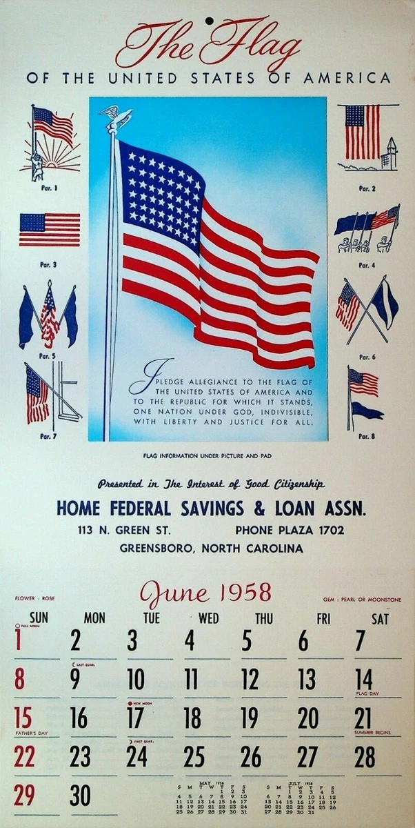 home-federal-savings-loan-greensboro-nc-june-1958-calendar-usa-flag-ebay