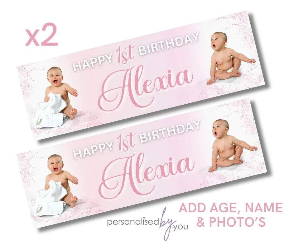 2x Personalised Pink PHOTO Birthday Banner BANNERS ANY Text PARTY Event Baby