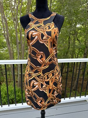 Trina Turk Sz 4 Black Gold Chain Link Halter Racerbak Sheath Coctail Dress