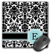 3dRose Letter E personal monogrammed mint blue black and white damask pattern -