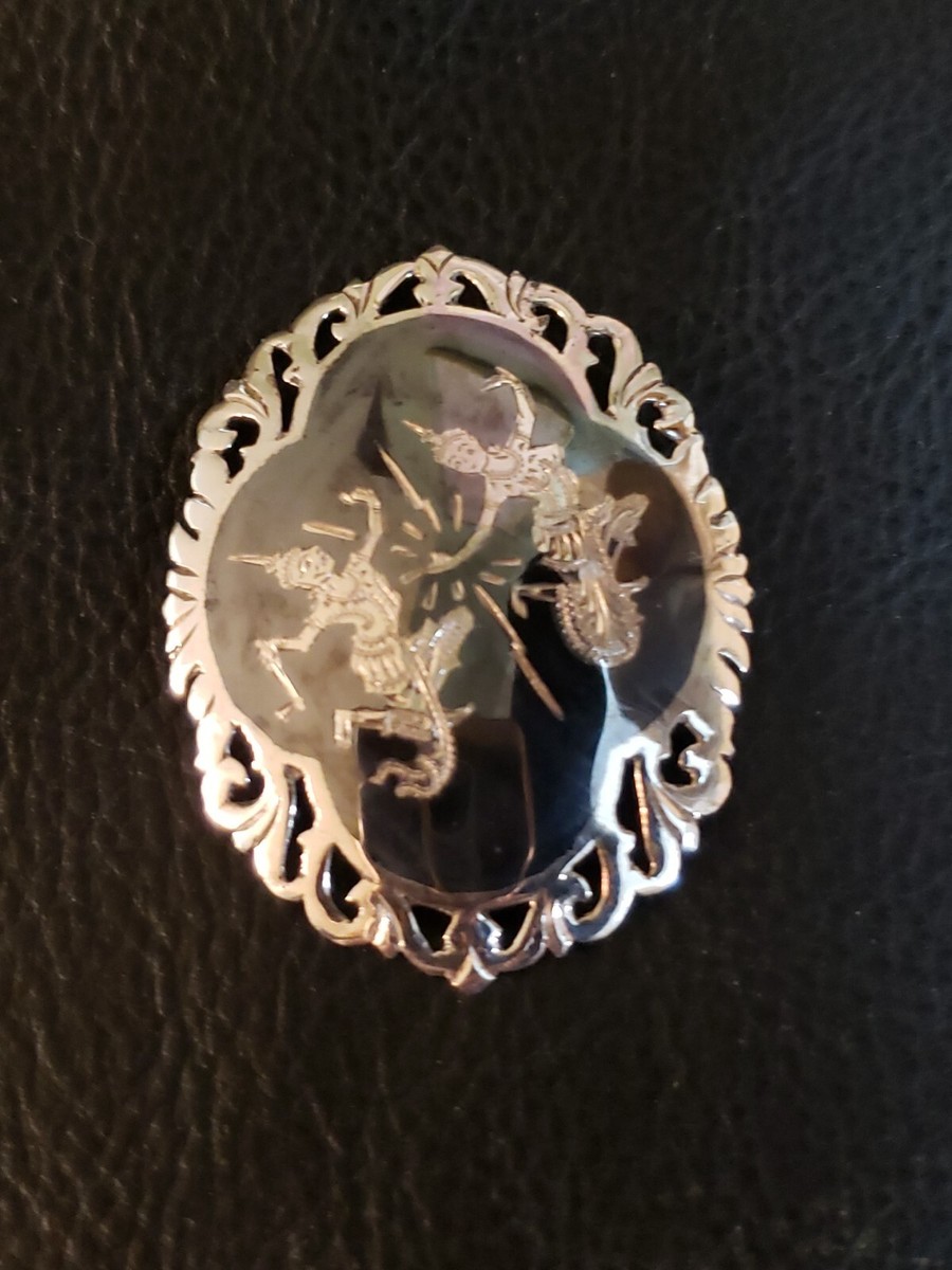 Vintage SIAM STERLING SILVER LARGE Oval Pin Brooch, Scrolled