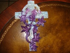 Epoxy Resin Cross w/ Leaves Purple Sparkle Clear